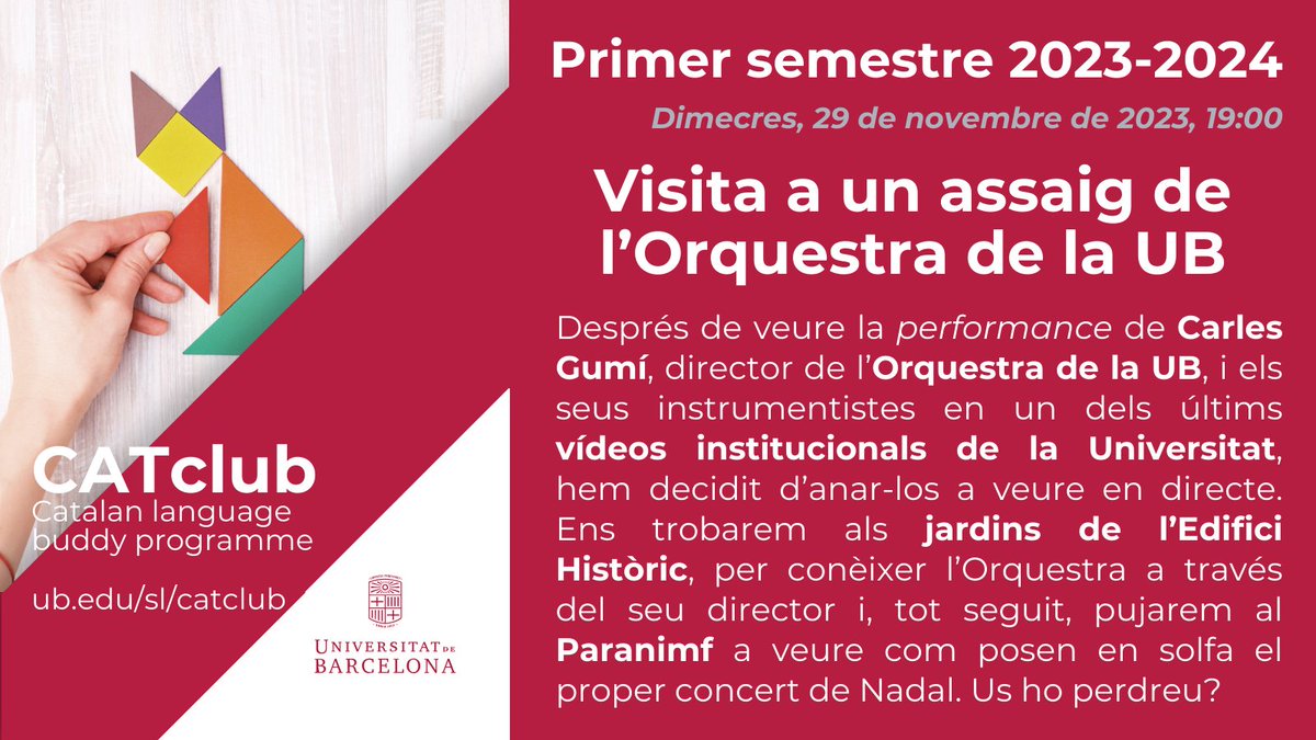 llenguaUB's tweet photo. #LlengüesUB | Vam veure @carlesgumi i els músics de l'#OrquestraUB en un vídeo institucional (https://t.co/gZt2PFiD73) i ens va agradar tant que demà els veurem en directe amb el #CATclubUB (#música al #ParanimfUB, què més voleu?)
#AcollidaLingüísticaUB
#català https://t.co/VS9AbPAY1V
