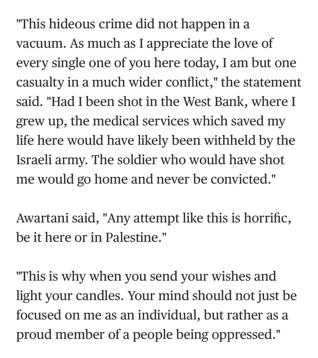 kylietcheung's tweet photo. Statement from one of the Palestinian shooting victims, Hisham Awartani: “Any attempt like this is horrific, be it here or in Palestine… 

“Had I been shot in the West Bank where I grew up, medical services which saved my life here would have likely been withheld by Israel” https://t.co/0k4A1GN4ai