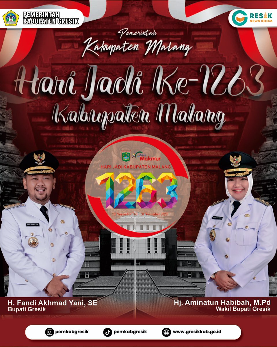 Pemerintah Kabupaten Gresik mengucapkan Selamat Hari Jadi Kabupaten Malang yang Ke 1263

Semoga semakin maju dan terus berkembang pesat. Optimis Jatim Bangkit