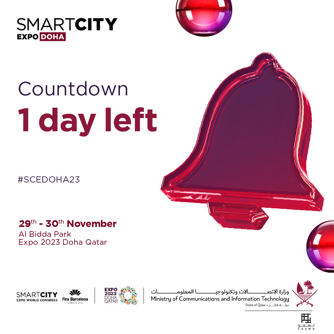 1 Day left until the Smart City Expo Doha 2023 takes place! 

We look forward to seeing you all there.

Register here:
smartcityexpodoha.com

#SCEDOHA23 #SCEWC