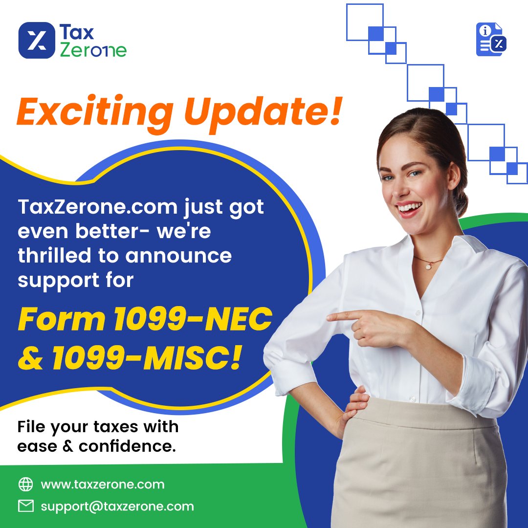 TaxZeroneUS's tweet photo. Exciting news! https://t.co/wQP3L3yR8w just leveled up – we now support Form 1099-NEC and 1099-MISC! File your taxes hassle-free with confidence. Explore the enhanced features for a seamless tax season at https://t.co/wQP3L3yR8w.
#taxzerone #Form1099 #form1099nec #form1099misc https://t.co/b6hzDSunxq