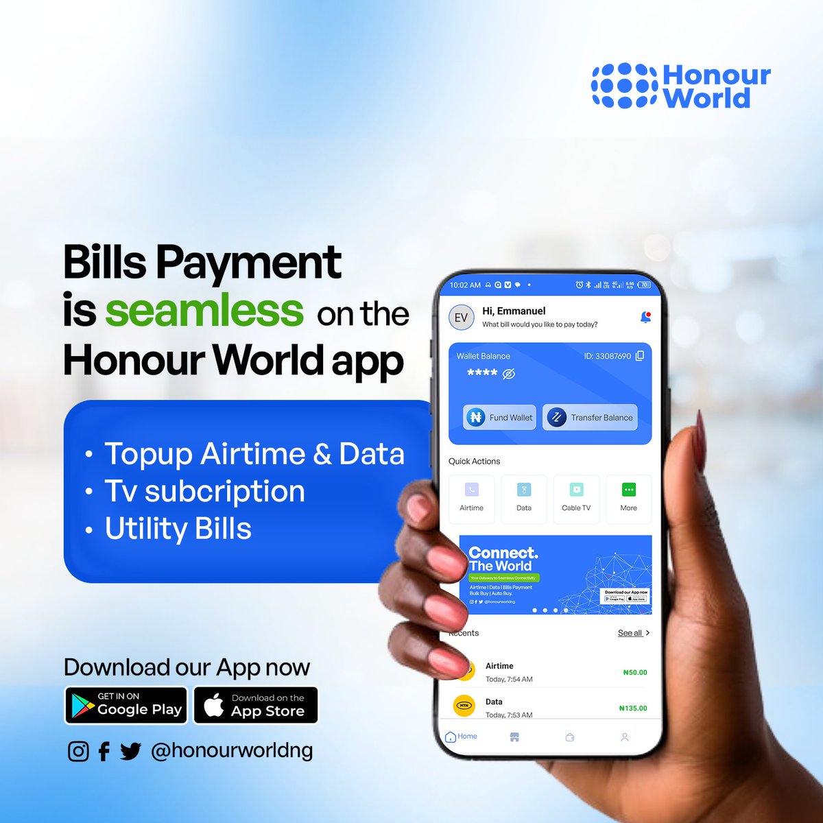 honourworldng's tweet photo. Payment of bills on the latest version of the Honour World mobile app is very seamless!
You can literally perform transactions in seconds...🔥✈️✈️
Get it on Google play 💫👇
https://t.co/tFF3PkF1R1
#seamlesspurchaseexperience #seamlessbrowsing #honourworldapp #cheaperdata https://t.co/EjadwvTknt