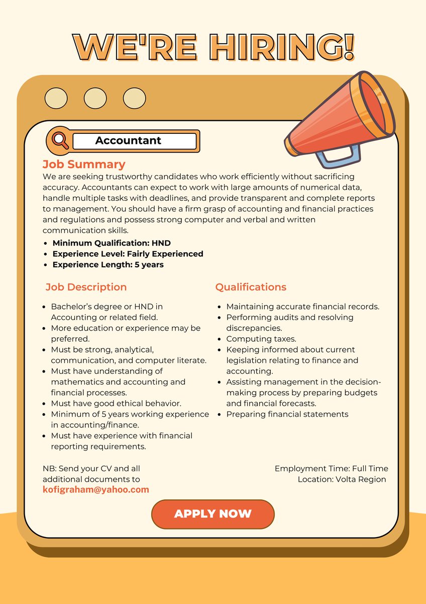 a resort in the volta region is hiring an accountant 

send CVs/enquiries to kofigraham@yahoo.com
—————————————————
#jobseekers #jobsinaccra #jobsinghana #jobsinvoltaregion  #vacanciesghana #vacanciesinaccra #hiring #findajobghana #hospitalityjobs #jobopportunitiesghana