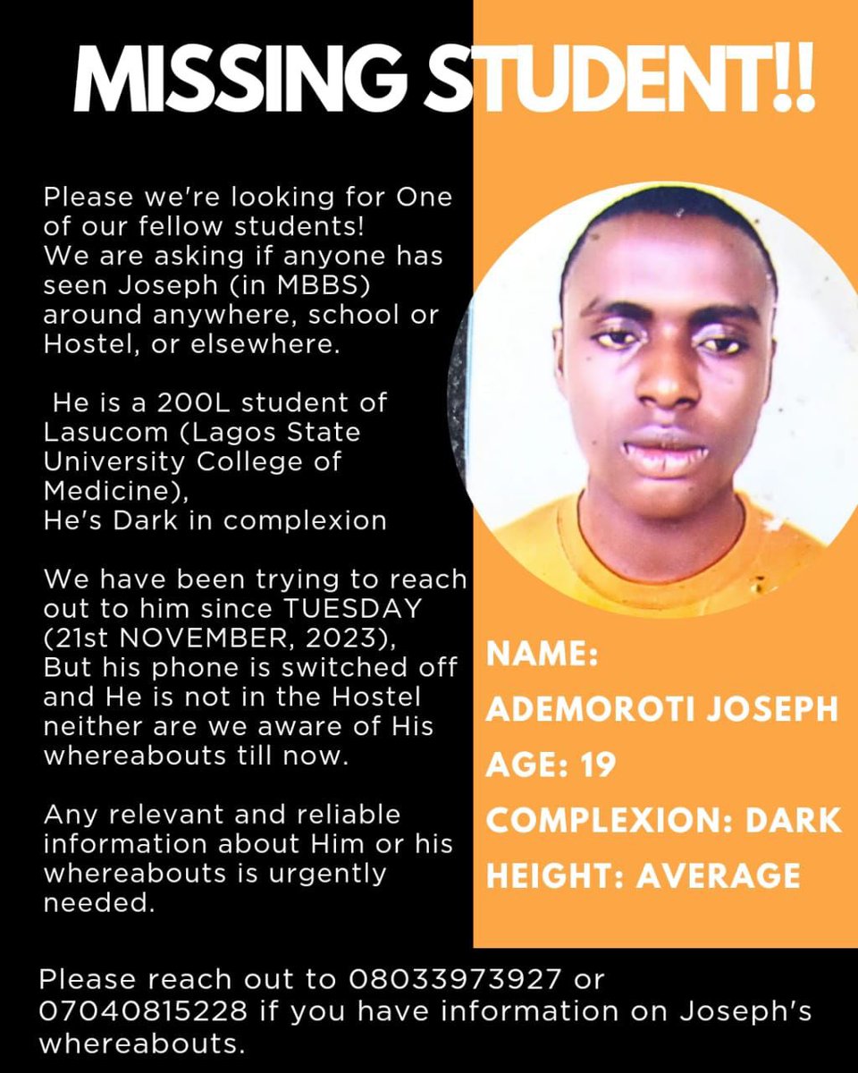 lasumsa's tweet photo. We have still not gotten information about Ademoroti Joseph or his whereabouts 
Please if found direct calls to 08033973927 and 07040815228

🚨Security update🚨
🚨Please treat this with utmost importance 🚨 https://t.co/w7FpsG98it