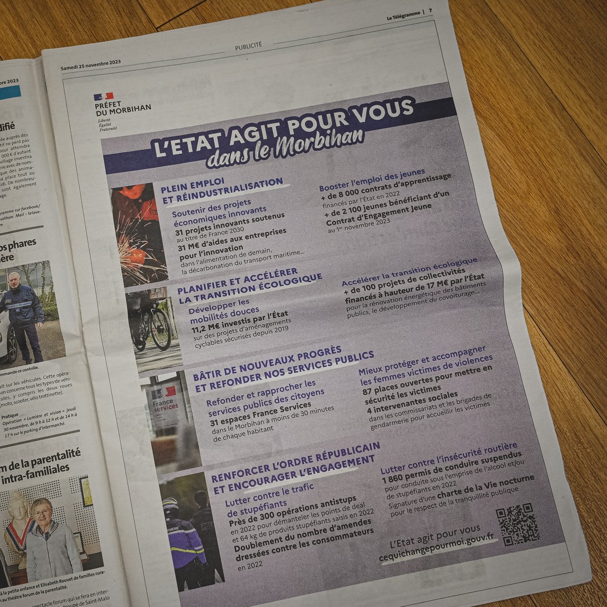 #cequichangepourmoi I
Les résultats du baromètre de l'action publique ds le #Morbihan étaient ds les pages du Télégramme de samedi dernier et d'hier avec notamment des données sur l'emploi, la transition écologique, les services publics et la sécurité.
ℹ️ gouvernement.fr/politiques-pri…