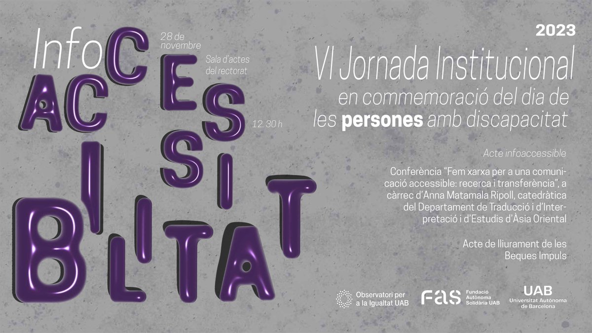 XarxaAccessCat's tweet image. Avui la directora de la Xarxa AccessCat, @anna_matamala farà una conferència a la VI Jornada Institucional en commemoració de les persones amb #discapacitat que se celebra a la @UABBarcelona 🏛️

Serà a les 12.30 h a la Sala d'Actes del Rectorat 📆📍