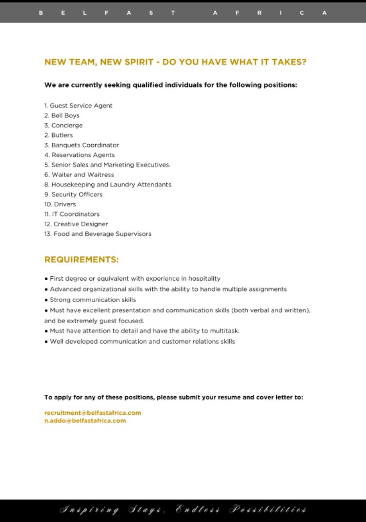 belfast africa is recruiting for several roles

—————————————————
#jobsinaccra #jobsinghana #hospitalityjobs #accrajobs #vacanciesghana #vacanciesinaccra #findajobghana #jobopportunitiesghana