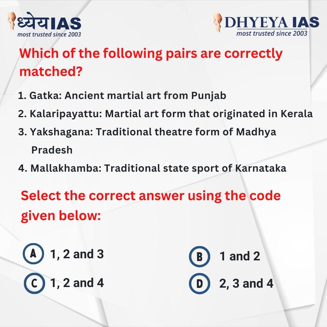 Dhyeya_IAS's tweet photo. Today's question
For more MCQ's Click on the Link given below.
https://t.co/X3jMIZuzfH
#dhyeyaias #dailyquizquestion #quiz #currentaffairs #currentaffairsquestions #gatka #punjab #karnatka https://t.co/m8OJxuim2L
