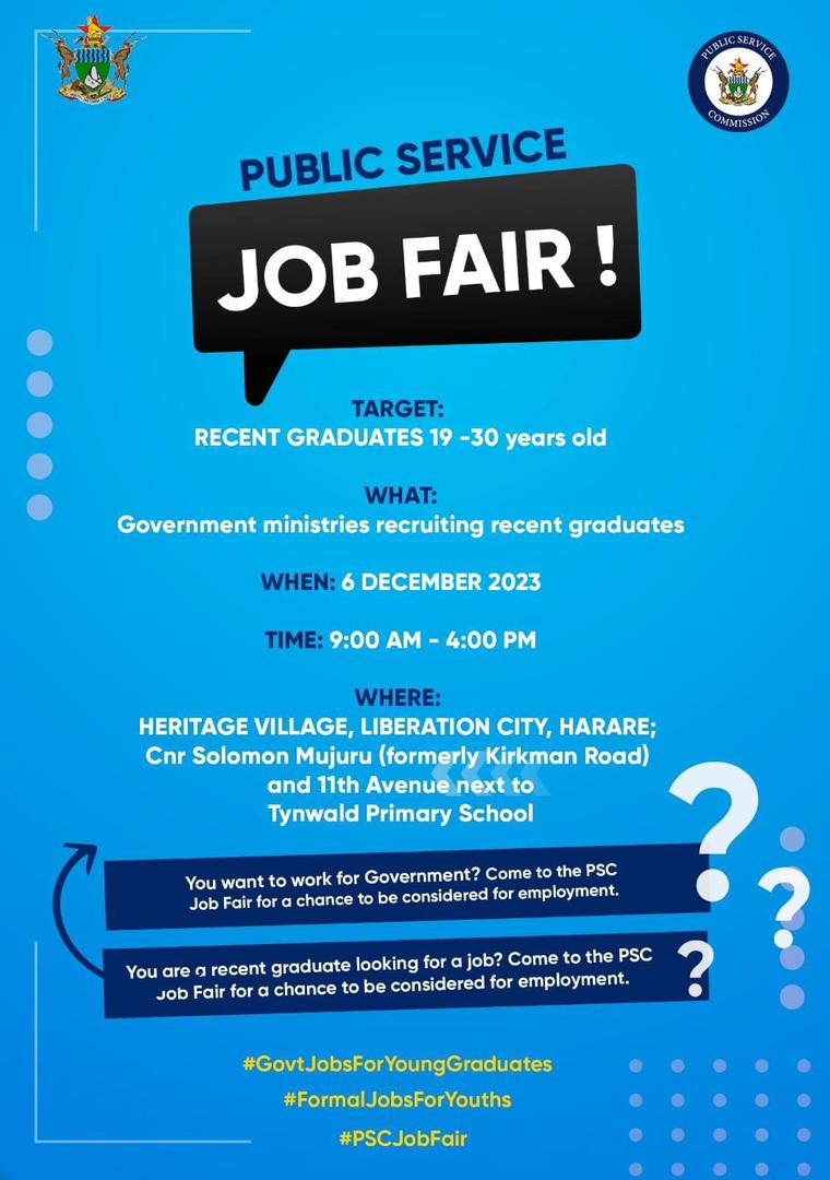 ZiFMStereo's tweet photo. Find your first job at the Public Service Commission Job Fair this Wednesday!
Recent graduates aged 19-30 can submit CVs and network with government ministry recruiters at Heritage Village from 9am to 4pm.
#GovtJobsForYoungGraduates #FormalJobsForYouths #PSCJobFair https://t.co/eLVoHALu6M