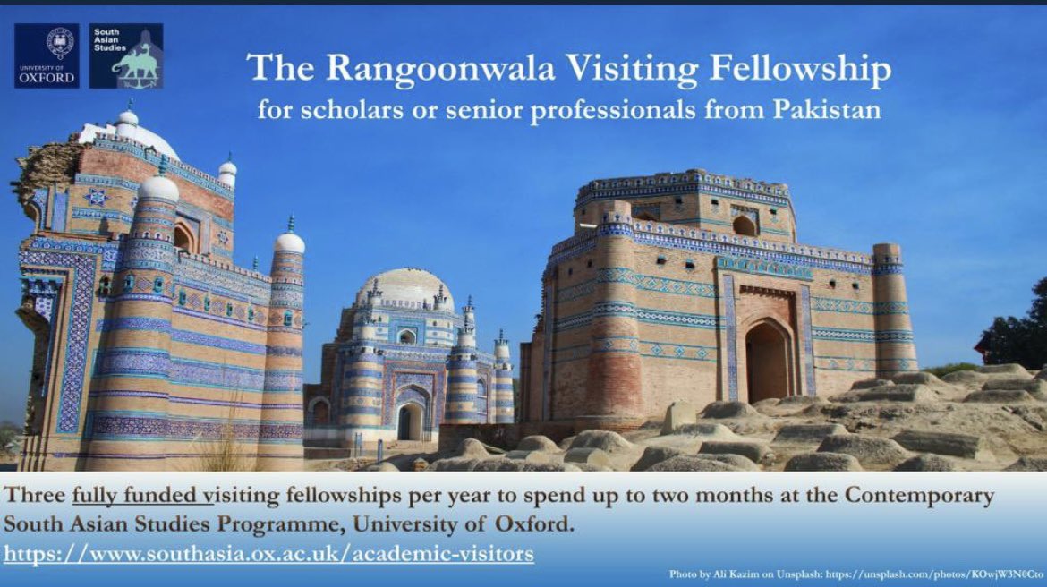 📢 The Contemporary South Asian Studies Programme at Oxford is funding THREE visiting fellowships for academics and/or senior professionals based in Pakistan (the prestigious Rangoonwala Fellowship). Successful applicants will spend two months at Oxford from April to June 2024.