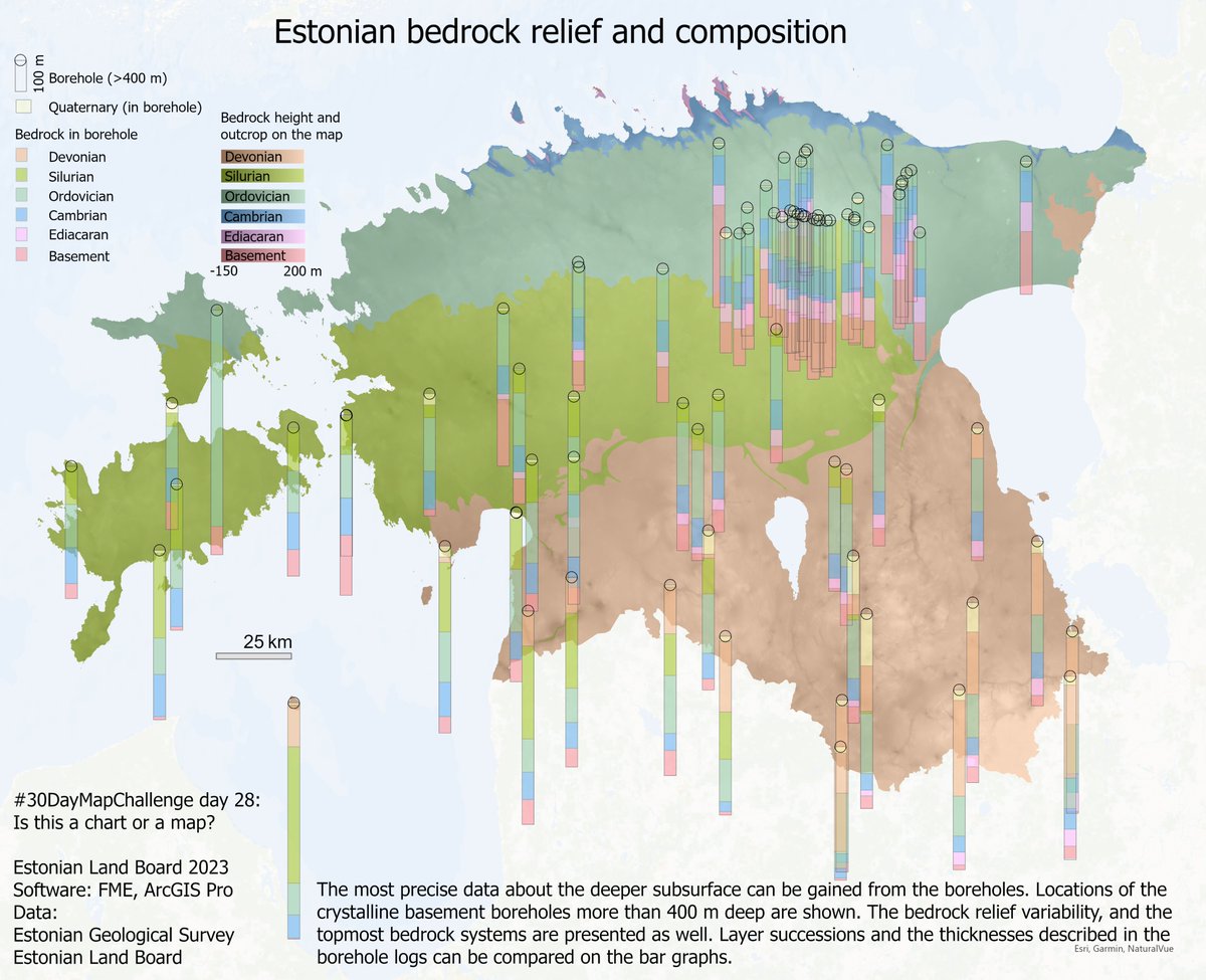 #30DayMapChallenge Day 28: Is this a chart or a map? The most precise data about the subsurface can be gained from the boreholes. The deepest boreholes, relief variability, and the topmost bedrock systems are presented on the map.