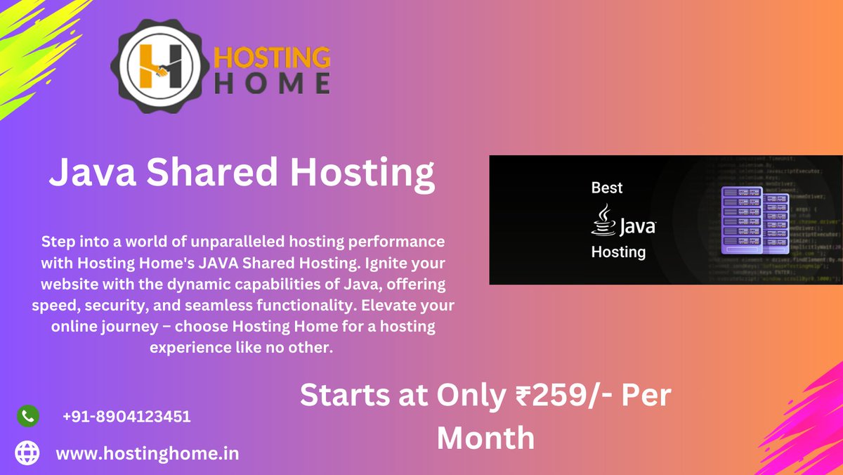 Hostinghome1's tweet image. Unlock the power of Java for your website with Hosting Home&apos;s JAVA Shared Hosting. Enjoy a seamless blend of reliability, speed, and cutting-edge technology. 
Visit Us at hostinghome.in/java-shared-ho…
Contact Us
+918904123451
+919019068720
#javasharedhosting 
#javasharedwebhosting