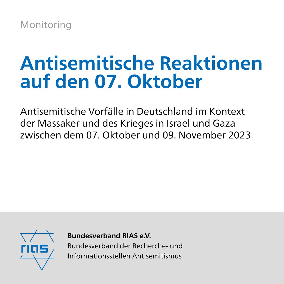 Monitoringbericht: Antisemitische Reaktionen
auf den 07. Oktober - Antisemitische Vorfälle in #Deutschland im Kontext der Massaker und des Krieges in Israel und Gaza zwischen dem 07. Oktober und 09. November 2023.
#Antisemitismus 
Zum ganzen Bericht: report-antisemitism.de/documents/2023…