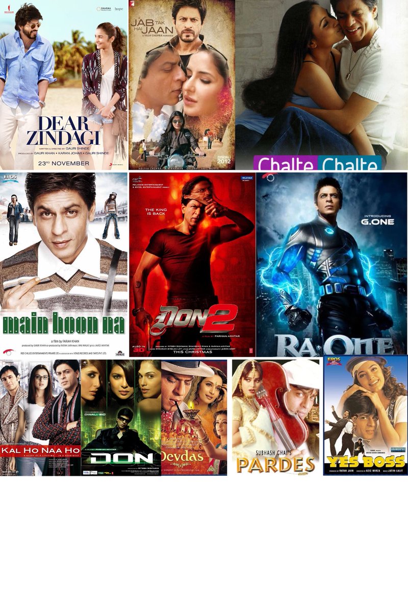 Hit
ناجح

1.#DearZindagi
2.#JabTakHaiJaan
3.#Don2
4.#RaOne
5.#Don
6.#MainHoonNa 
7.#KalHoNaaHo
8.#ChalteChalte 
9.#Devdas 
10.#Pardes 
11.#YesBoss