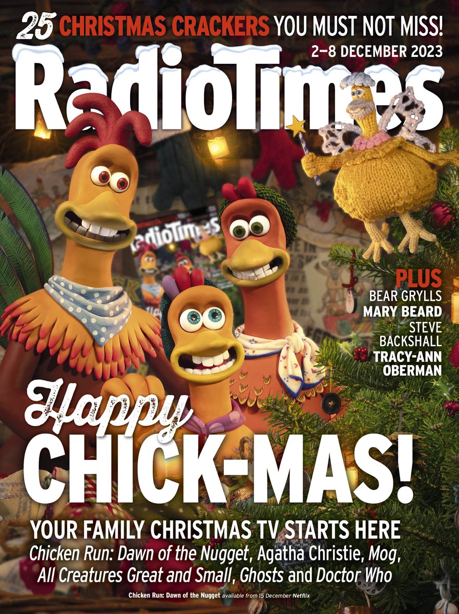 RadioTimes's tweet photo. Dive into the festive spirit with our Christmas Preview Guide inside this week's #RadioTimes, for a sneak peek of what's on TV this #Christmas! 🎁 

Featuring an exclusive cover image by @aardman to celebrate #ChickenRun: Dawn of the Nugget, arriving to @netflix on December 15th. https://t.co/z6UPuLD8fv