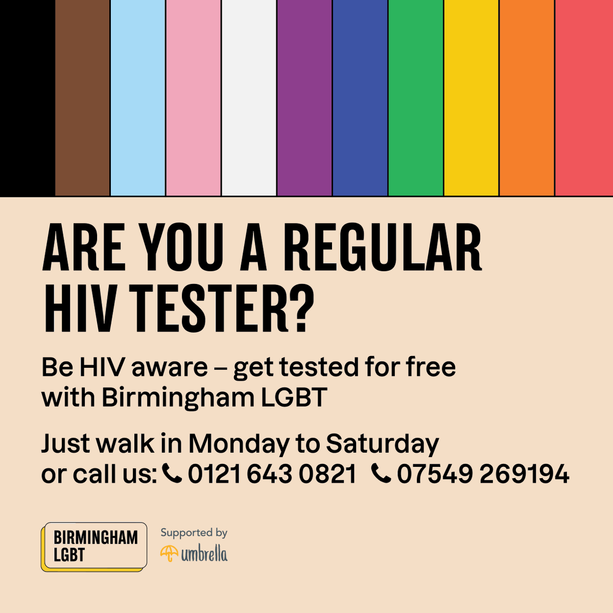 1st December is World AIDS Day.

Getting tested regularly for HIV and other STIs is a good way to look after your own and your sexual partners health.
You can get tested for Free, Monday to Saturday at Birmingham LGBT, just walk in. 

#TESTWITHPRIDE

blgbt.org/services/sexua…