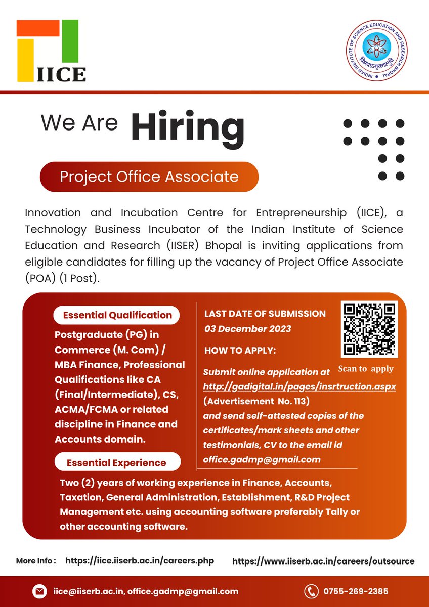 IICE IISER Bhopal invites applications for the post of Project Office Associate. Details at iice.iiserb.ac.in/careers.php
Interested &amp; eligible candidates can apply online at gadigital.in/pages/insrtruc… &amp; email CV and testimonials to office.gadmp@gmail.com
<a href="/theicai/">Institute of Chartered Accountants of India - ICAI</a> <a href="/icsi_cs/">Institute of Company Secretaries of India (ICSI)</a> <a href="/theicai/">Institute of Chartered Accountants of India - ICAI</a>