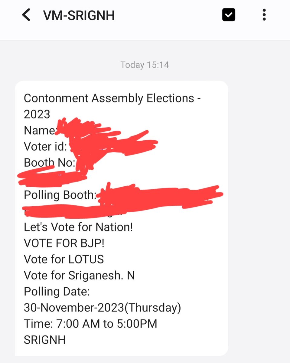 This is the state of privacy in our country. I received this SMS from this candidate which has my name and voter id and asking me to vote for him. How are my details leaked like this @CEO_Telangana
