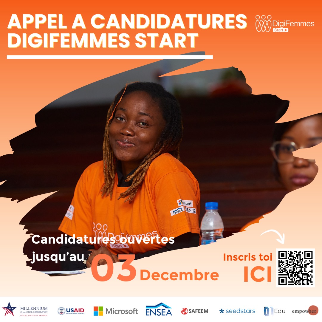 DigiFemmes's tweet image. 🚀 Le programme #DigiFemmes Start revient! 🌟 Formations gratuites sur 4 jours pour booster votre leadership entrepreneurial à Abidjan du 19 au 22 déc. Candidatures ouvertes jusqu'au 03/12 à 23h59 GMT. Inscrivez-vous: bit.ly/40TUEKN. 📈 #Ledigitalpourlesfemmes