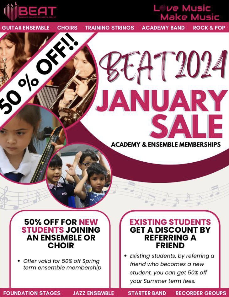 Join a band next term and get 50% off your fees! 

Existing students - bring your friends and get 50% off YOUR fees!

More info and T&amp;Cs: beatrust.org.uk