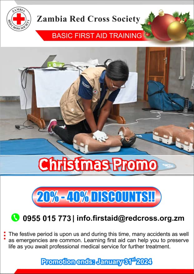 ZambiaRedCross's tweet image. Take advantage of our massive festive period promotion!!!! 

Get in touch with us by calling/Whatsapp 0955015773 or email info.firstaid@redcross.org.zm to sign up and make reservations for your First Aid training.

#SaveALifeToday
#LearnFirstAid