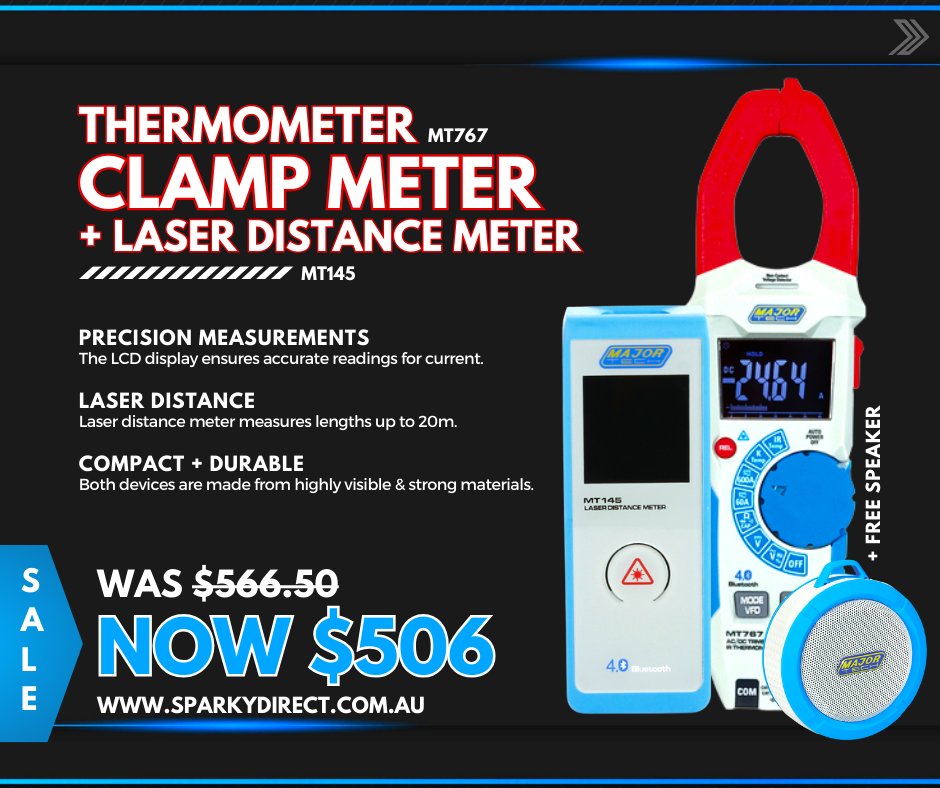 Sparkydirect's tweet image. 🌡️🔌 Elevate Your Toolkit with Major Tech MATE-4! 📏🌡️
🔗 ON SALE Shop Now: sparkydirect.com.au/p/major-tech-m…

Discover the Features:
- Thermometer Clamp Meter: Accurate temperature measurements. 🌡️✅
- Laser Distance Meter: Measure distances with precision. 📏📐

 #Sparky #SparkyDirect