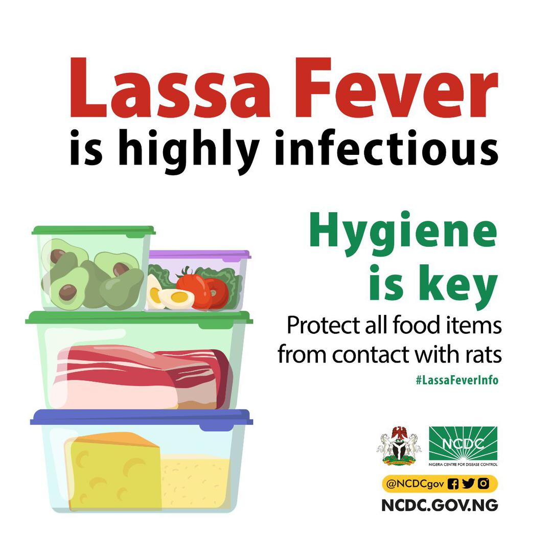 NCDCgov's tweet photo. Food safety is key in the prevention of infectious diseases like #LassaFever.
Maintain these safety measures :
β
Store all foods properly in tightly closed containers
β
Ensure proper hygiene in the preparation & consumption of food
#STOPLassaFever https://t.co/Fd8RMg1vgx