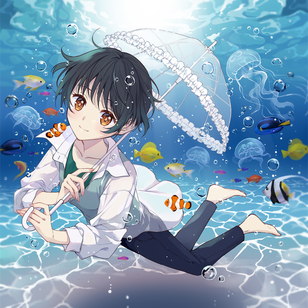 umbrella jellyfish black hair barefoot bubble holding umbrella pants  illustration images