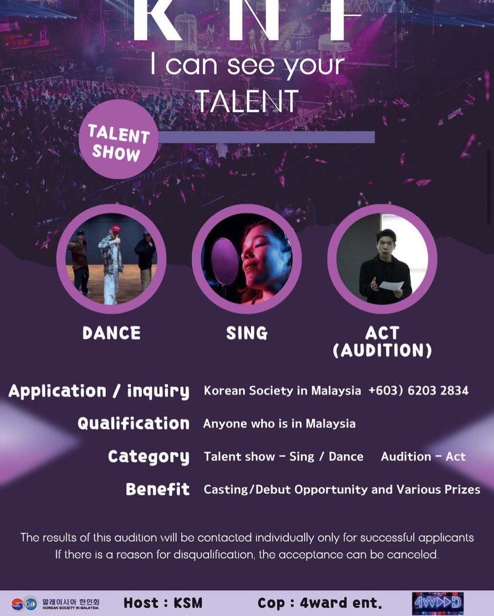 Hi all ! The Korean Night Festival (KNF) will host a talent show and audition.

Date and place: 8/12/2023
Time : 6:00PM to 9:00PM
Place : Montkiara Plaza Square
Category : Talent contest - Dance/singing audition - Acting

📌 Benefits: Chance to be cast and debut as an actor 📌