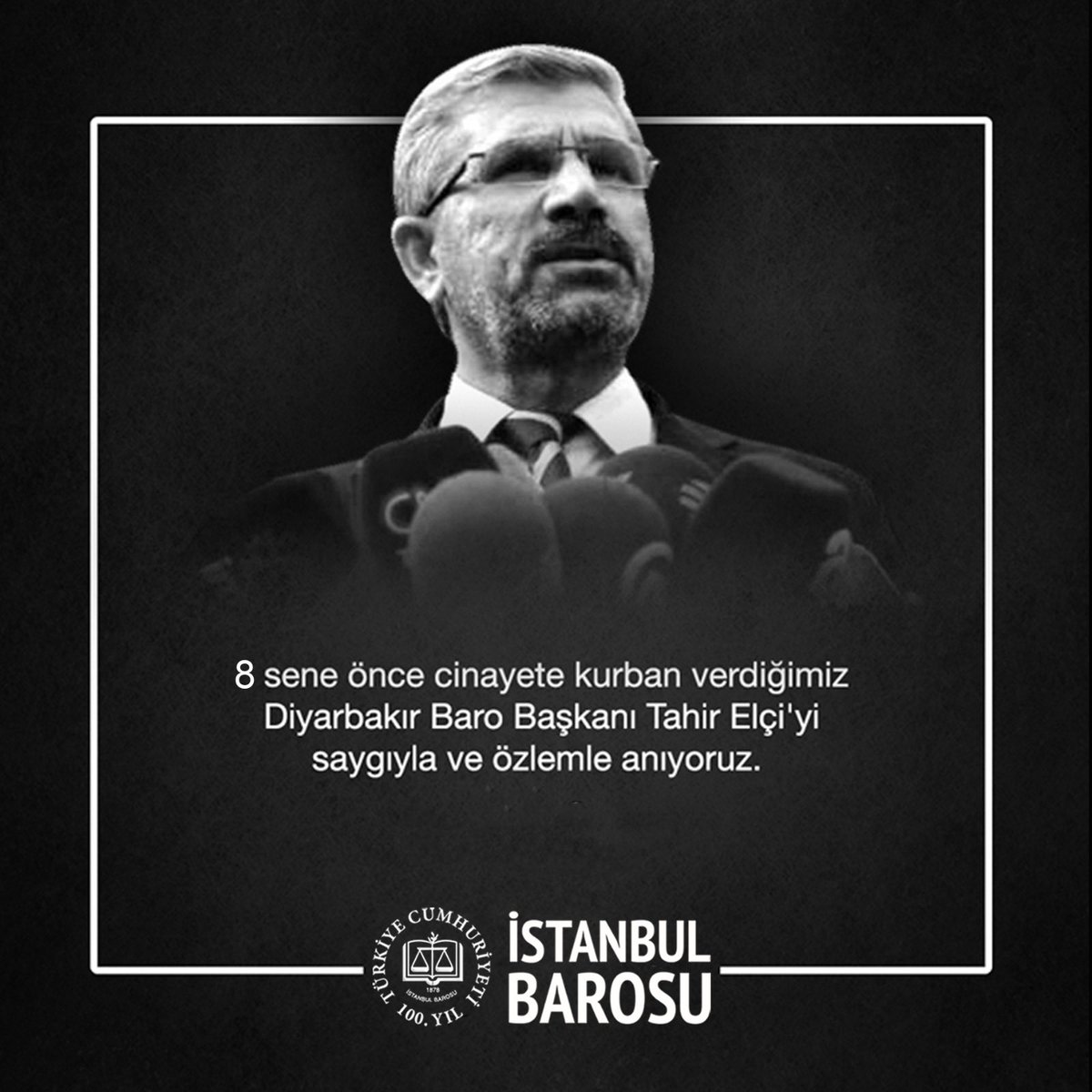 8 sene önce cinayete kurban verdiğimiz Diyarbakır Baro Başkanı Tahir Elçi'yi saygıyla ve özlemle anıyoruz.

istanbulbarosu.org.tr/HaberDetay.asp…