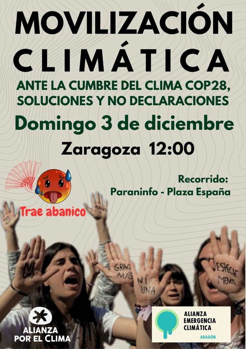 Esta semana empieza la COP 28 en Dubai. Ante la inacción climática, desde el grupo local de <a href="/WWFespana/">WWF España 🐼</a>  en Zaragoza también pedimos: SOLUCIONES Y NO DECLARACIONES

Os invitamos a acompañarnos en la convocatoria de @aragonAEC junto a otras muchas asociaciones este Domingo a las 12