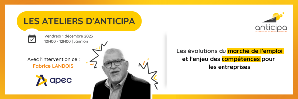 [AGENDA] 📢Ce vendredi, rejoignez notre atelier animé par <a href="/ApecBretagne/">Apec Bretagne</a>  intitulé : "Évolutions du marché de l'#emploi et enjeu des #compétences pour les entreprises".

Rdv de 10h à 12h dans la salle de réunion d'Anticipa à Lannion

Inscrivez-vous ici👉 urlz.fr/oo2m