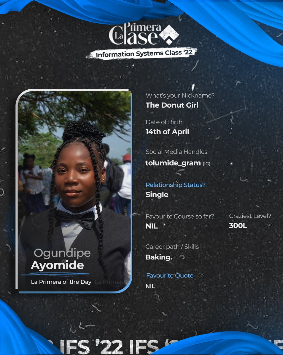 Ifsclass22's tweet image. Meet the LA PRIMERA of the day
AYOMIDE, a baker👩🏼‍🍳
She's an Aries ♈

CEO of The Donut Shop 🏪, she is not only a feast for the eyes but has an amazing personality. Always quiet but when she's in comfy environment she's the life of the party

Wishing you the best ✨
#ClassInvicta