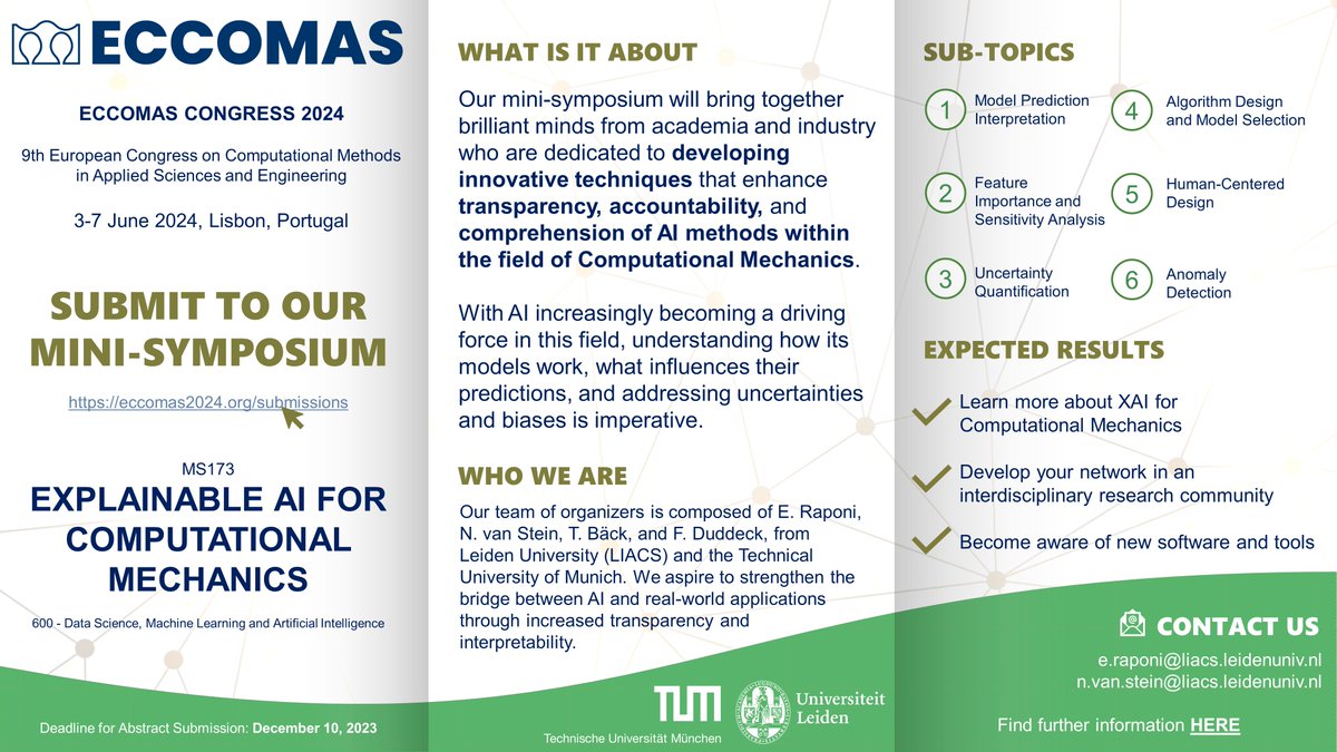 The deadline to submit an abstract to our mini-symposium "XAI for Computational Mechanics" at ECCOMAS2024 is in 12 days... 

Hurry up!😉

▶️Submission portal here: eccomas2024.org/submissions
▶️Further info about our MS here: eccomas2024.org/event/area/4f0…

Do not hesitate to reach out!