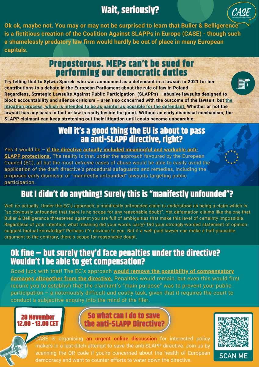 You might have realised by now that it’s a prank, but it doesn't mean it’s impossible. Buller & Belligerence (charming name isn't it?) doesn't exist but farcical legal threats are real & harmful. Our pamphlet explains just how preposterously easily one can become a #SLAPP target.