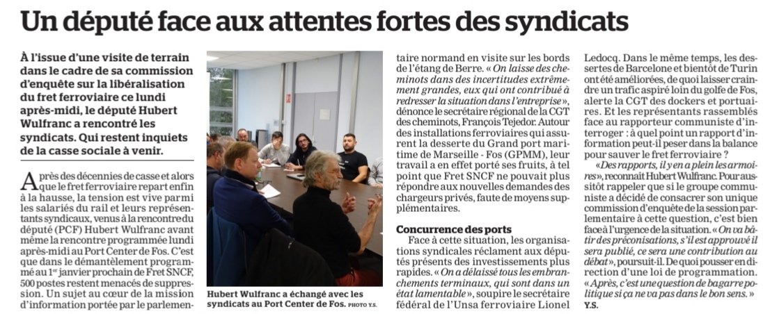 Le député <a href="/HubertWulfranc/">WULFRANC Hubert</a> sur le terrain au contact des organisations syndicales pour recueillir les avis et établir un Etat des lieux des conséquences de la libéralisation du fret ferroviaire. Son rapport parlementaire sera rendu le 5 décembre. <a href="/deputesPCF/">Députés Communistes</a> #Rouen