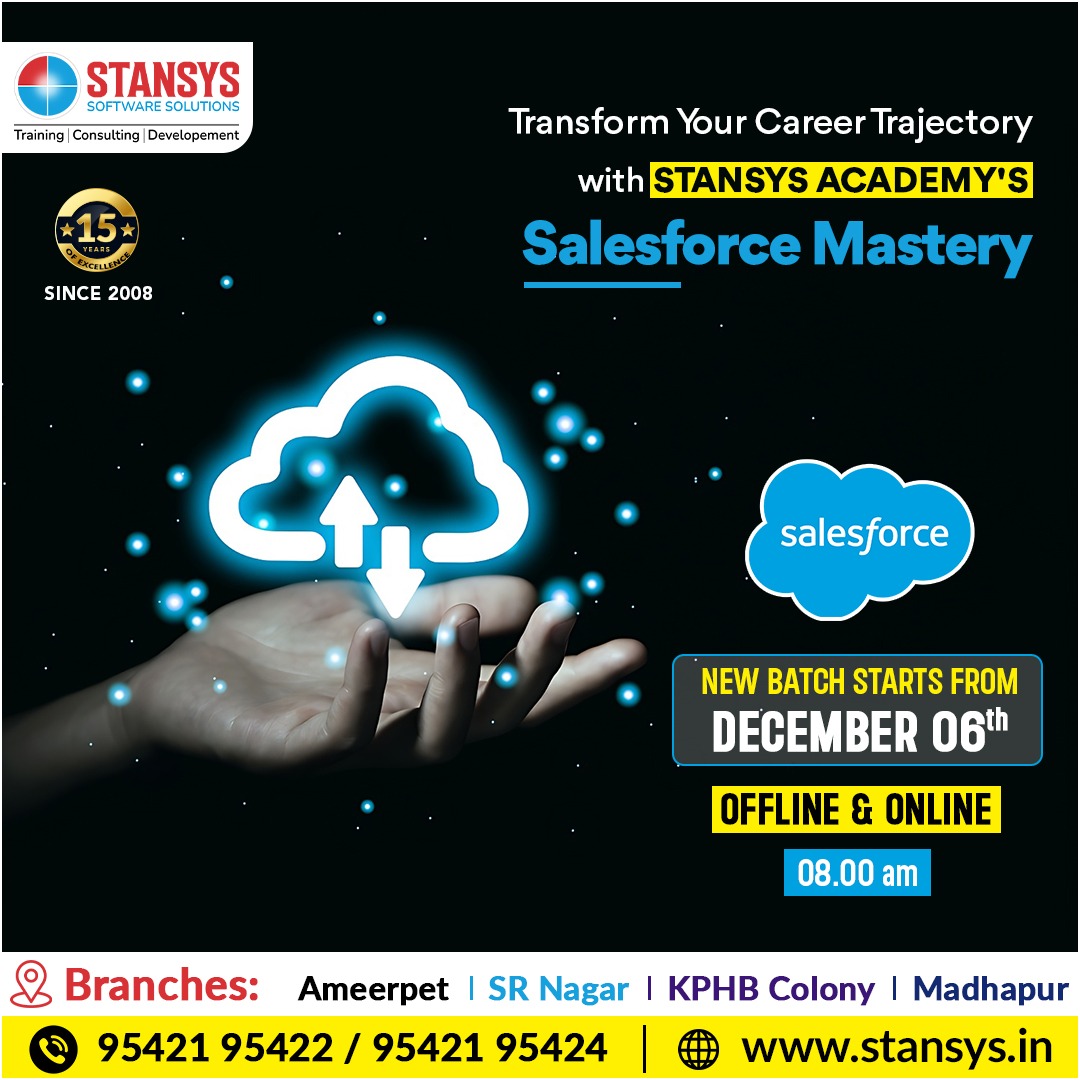 Stansys_SAS's tweet image. Empower your career journey with Stansys Academy's transformative Salesforce Mastery program. Gain expertise in the industry's leading CRM, unlocking boundless career prospects.
Call Us Now: 9542195422 / 9542195424.
Visit: stansys.in
#salesforcecourse