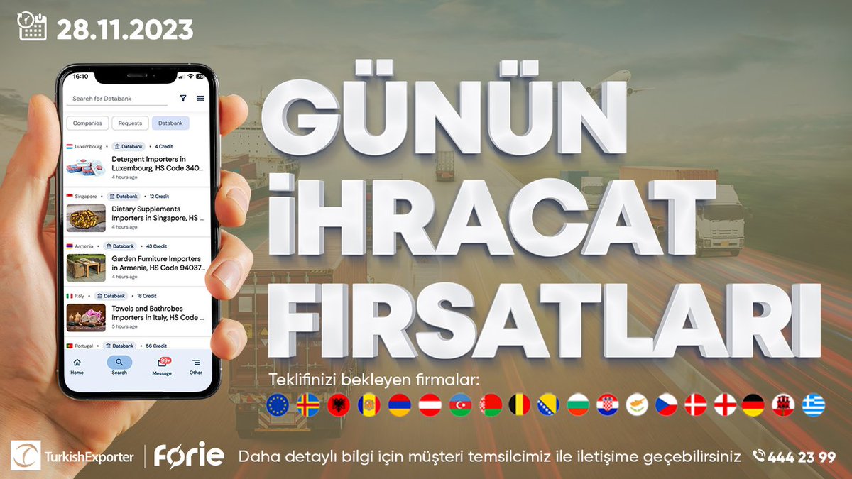 Günün İhracat Fırsatları
28.11.2023

🇺🇸ABD Baskılı deniz tuzu ambalajları toptan satın alacak.
🇨🇦Kanada 3.55 mm Galvanizli çelik tel aylık 3 konteyner satın alacak.
🇷🇺Rusya Vitrifiye ve sıhhi tesisat malzemeleri ithal etmek istiyor.
🇿🇦Güney Afrika PTO bağlantılı dişli ve pistonlu…