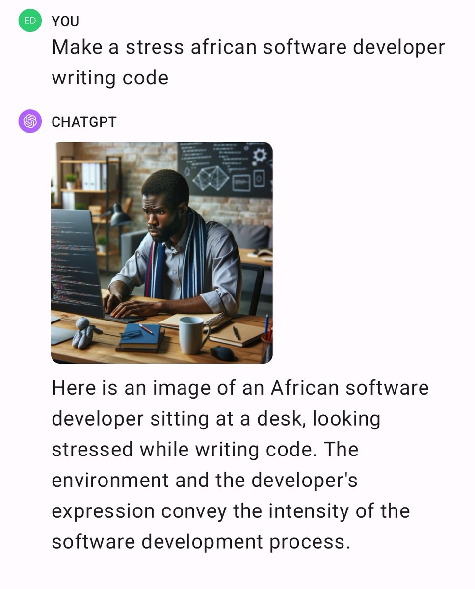 mikeyny_zw's tweet image. I made ChatGPT generate a picture of a stressed software developer👨💻
For every 5 likes this picture gets, I'll get his boss to give him more work & tighter deadlines, making him even more stressed
@ZimDevelopers
