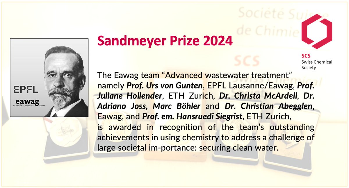 SwissChemistry's tweet photo. 🏆Sandmeyer Prize 2024 of the SCS awarded to
The Eawag team “Advanced wastewater treatment”
for using chemistry to address a challenge of large societal im-portance: securing clean water.
Congratulations on behalf of the
@SwissChemistry
#scs #award #sandmeyer #chemistry https://t.co/shHAbZozUX