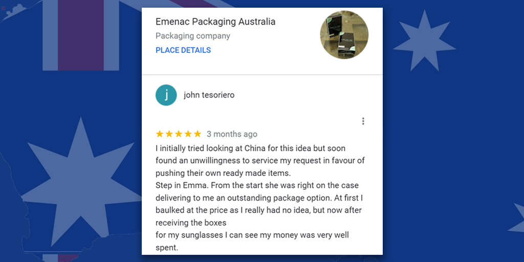 EmenacPackAus's tweet image. We are really grateful and happy that you like our #custompackagingboxes.

Thank you so much “John Tesoriero” for a remarkable review for #EmenacPackagingAus: bit.ly/47TrnCo

#customerreview #customerfeedback #customboxes #packagingcompany #packagingsolutions #packaging