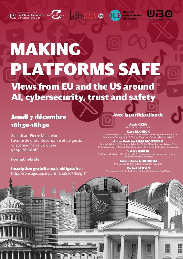 HValoche's tweet photo. Dec. 7, 2023 : Workshop @univ_paris_cite @UBO_UnivBrest
"Making Platforms safe: views from the EU and the US around AI, cybersecurity, trust and safety" (in English). Univ. Paris Cité, 16h30 (CET), hybride. Inscription : https://t.co/VKNvIphsDD
@AudeGery @Klonick @arturpericles https://t.co/hABfkSKyM7