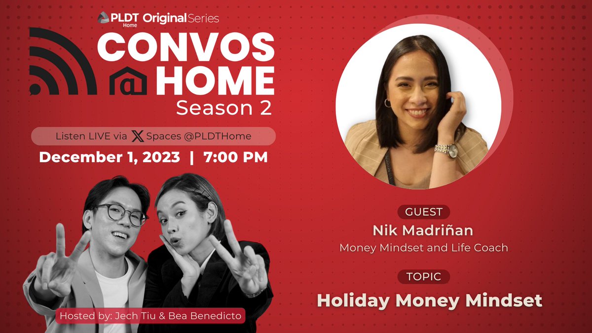 Wondering how you can manage your Holiday money wisely? Let’s spend time with Money Mindset and Life Coach Nik Madriñan 💸 Join @jechtiu and @bea_benedicto for this week's episode of #ConvosAtHomePLDTHome. SET a reminder or JOIN here: x.com/i/spaces/1mnxe…