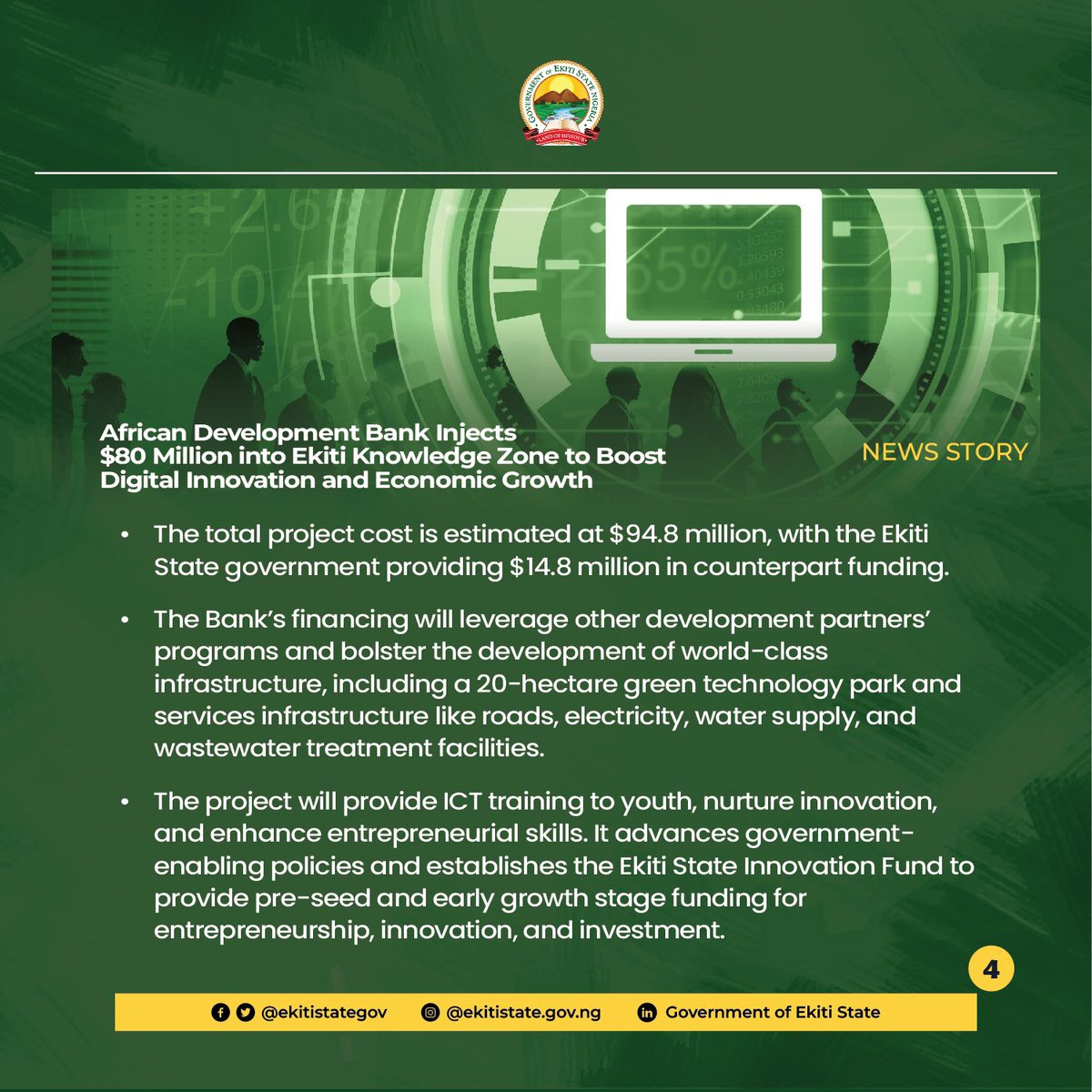 The total project cost is estimated at $94.8 million, with the Ekiti State Government providing $14.8 million in counterpart funding. 

EKZ targets more than 19,000 youth &amp; aims to attract #investment commitments from at least 15 firms, generating revenues of about $10.8 million.
