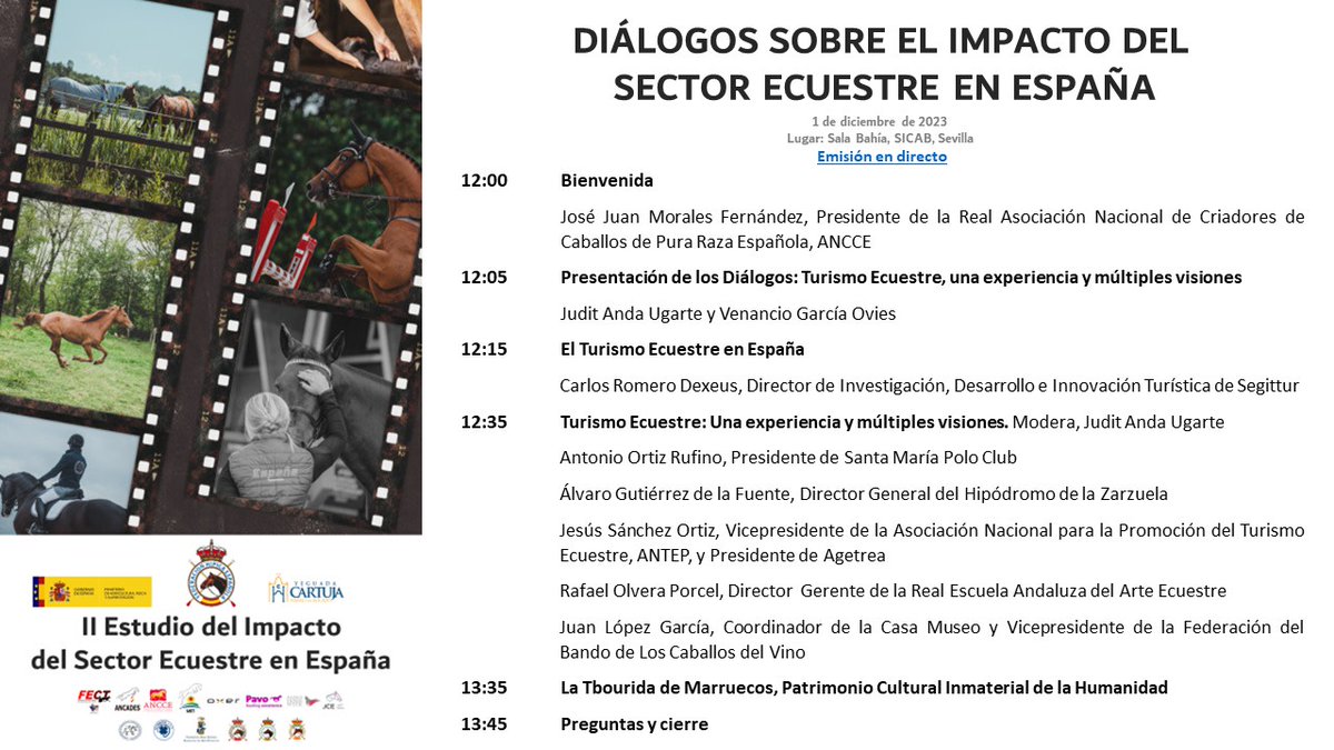 Agetrea14's tweet photo. 📅 El próximo viernes 1 de Diciembre tendrá lugar la Jornada "Diálogos sobre el impacto del sector ecuestre en España".

📍 Sala bahía, #SICAB, #Sevilla (emisión en directo).
https://t.co/sEks27oFAb

#TurismoEcuestre #ACaballo #andaluciaacaballo #andalucíadejahuella https://t.co/Xw3C5ZKrVv