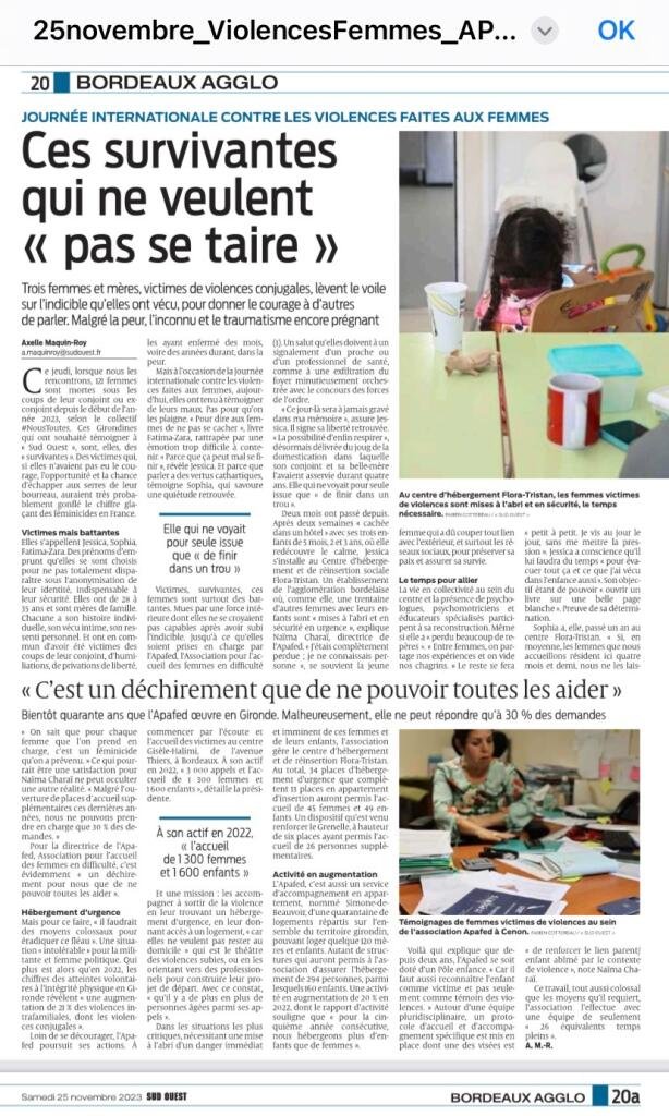 ApafedO's tweet photo. Dans les colonnes du quotidien Sud Ouest 3 par accompagnées par l'APAFED témoignent. 

Ces 3 victimes de violences conjugales racontent le quotidien des violences subies dans le huis clos familial et cela bouleverse.

#25Novembre #luttecontrelesviolencesfaitesauxfemmes https://t.co/rlSUGMUdmL