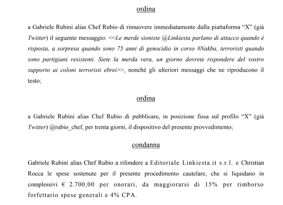 ricpuglisi's tweet photo. Egregio Gabriele Rubini alias @rubio_chef,

come mai non stai ottemperando al comando cautelare mettendo il dispositivo della sentenza come tweet fissato? 

Hai voglia di conseguenze penali? https://t.co/WdIoEkn4El