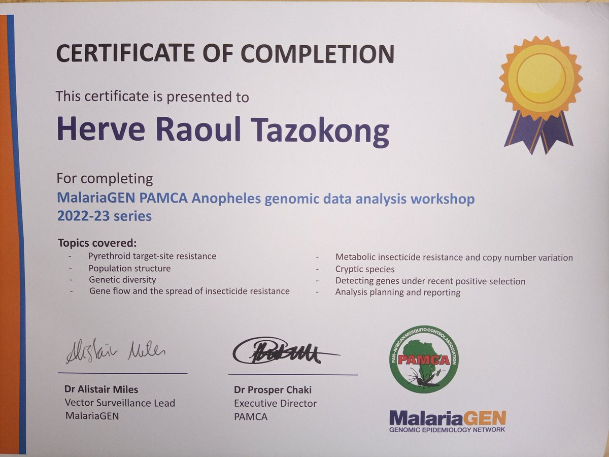 Hervé Raoul TAZOKONG (@htazokong) on Twitter photo Excited to receive the hard copy of my certificate of completion in Cameroon. Incredible and very instructive workshop to beat malaria vectors . Thanks to <a href="/Paballo_Chauke/">PABALLO CHAUKE</a>, <a href="/malariagenomics/">MalariaGEN</a>, <a href="/pamcafrica/">PAMCA, Africa</a>, teaching assistants and facilitators Excited to receive the hard copy of my certificate of completion in Cameroon. Incredible and very instructive workshop to beat malaria vectors . Thanks to <a href="/Paballo_Chauke/">PABALLO CHAUKE</a>, <a href="/malariagenomics/">MalariaGEN</a>, <a href="/pamcafrica/">PAMCA, Africa</a>, teaching assistants and facilitators