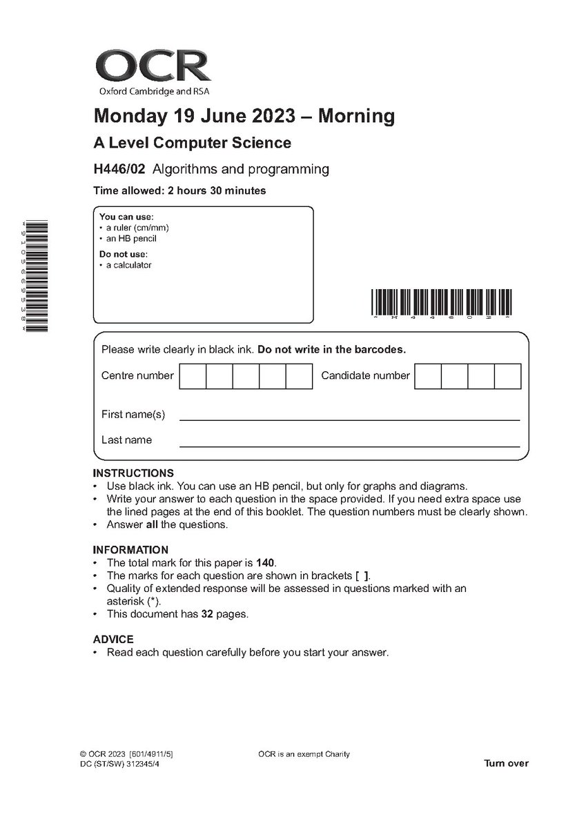 KennyJohns42365's tweet image. OCR A LEVEL COMPUTER SCIENCE PAPER 2 2023 (H446/02: Algorithms and programming)
#ocralevelcomputersciencepaper2 #computerscience #ocrcomputerscience #ALevelcomputerscience #H446 #H446/02 #fliwy
fliwy.com/item/379714/oc…