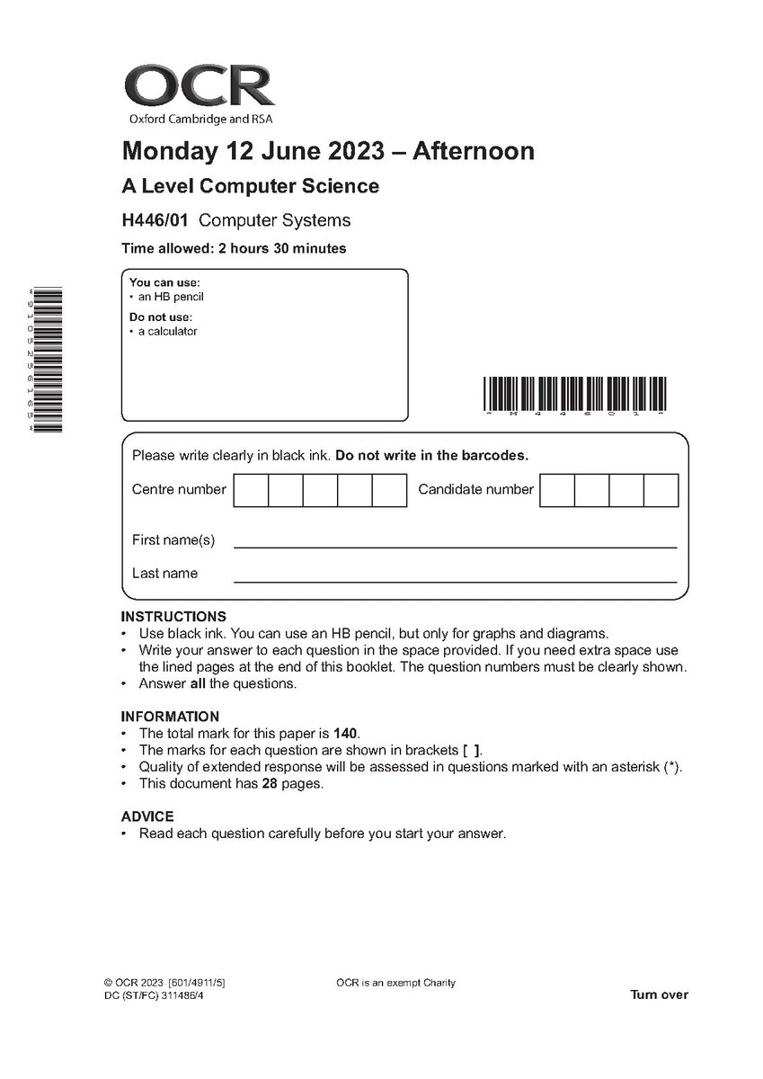 KennyJohns42365's tweet image. OCR A LEVEL COMPUTER SCIENCE PAPER 1 2023 (H446/01: Computer systems)
#ocralevelcomputersciencepaper1 #computerscience #ocrcomputerscience #ALevelcomputerscience #H446 #H446/01 #fliwy
fliwy.com/item/379713/oc…